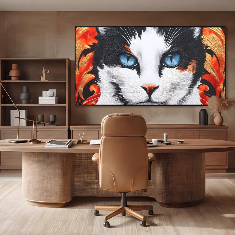 Tablou canvas cu tablou canvas cu ochi de pisica, in rama de aluminiu negru, pe perete intr-un birou